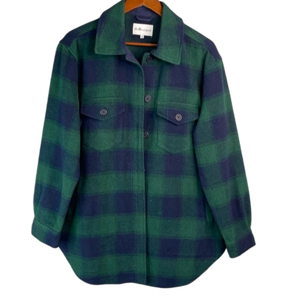 Dkr & Company Plaid Wool Blend Shirt Jacket Forest Green Navy Blue Pockets Large